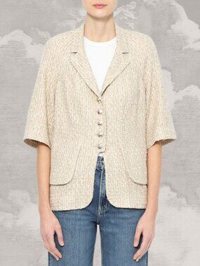 CHANEL 2007 Karl Lagerfeld Ivory Beige Lamé Tweed Jacket Gold Chain Buttons 38